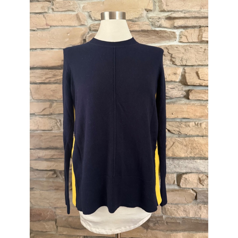 Boden Navy Blue Wool Cotton Blend Sweater Yellow Side Stripe Women Small K0105